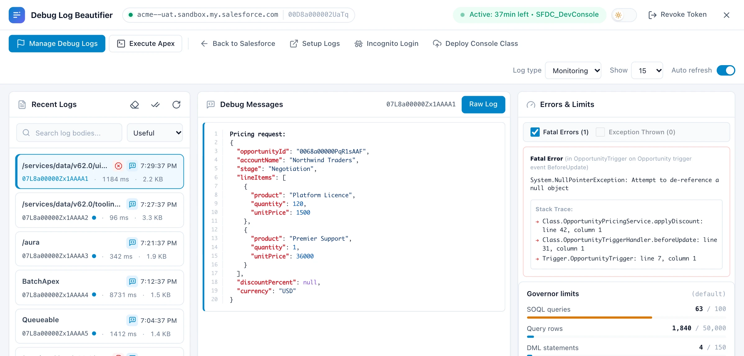 The Debug Log Beautifier dashboard: recent logs on the left, a debug message formatted as JSON in the middle, and a fatal error with its stack trace and governor limit bars on the right.